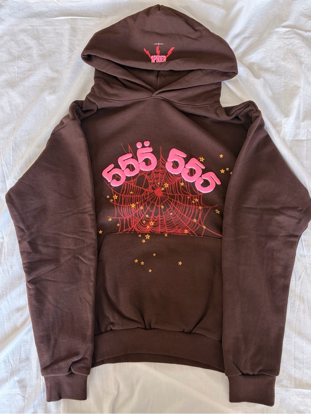 Men’s Brown Hoodie with Pink Graphic Spiderweb- sp5der 555 hoodie